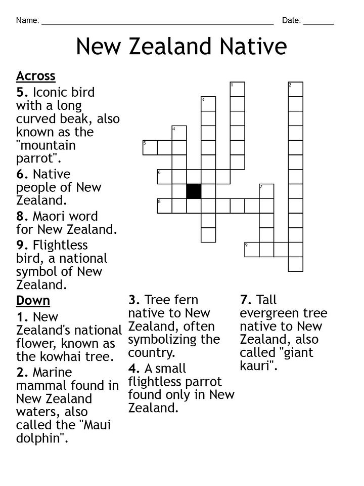 New Zealand Native Crossword Puzzle: Fun and Educational Geography Activity product image (1)