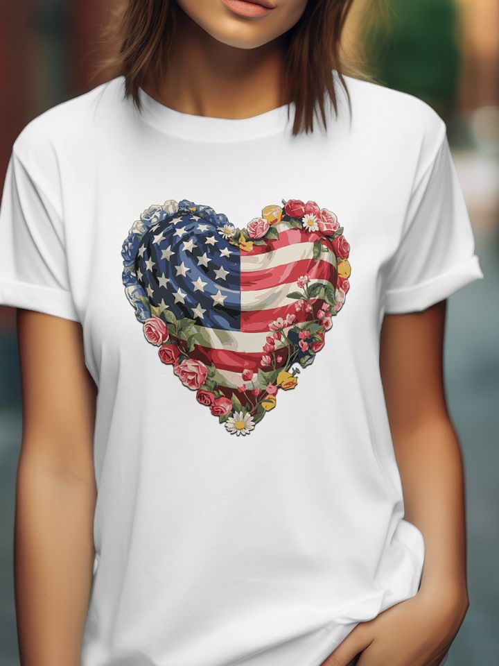 American Flag Heart T-Shirt with Flowers – 4th of July Patriotic Floral Tee product image (1)
