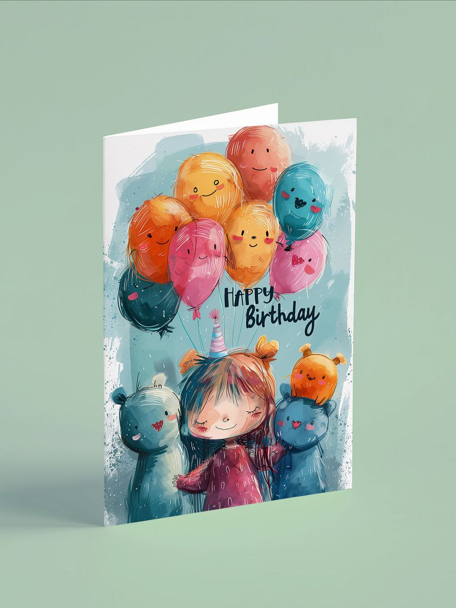 Vibrant Happy Birthday Card for Kids – Adorable Girl with Party Hat, Cute Animals, and Balloon Friends product image (2)
