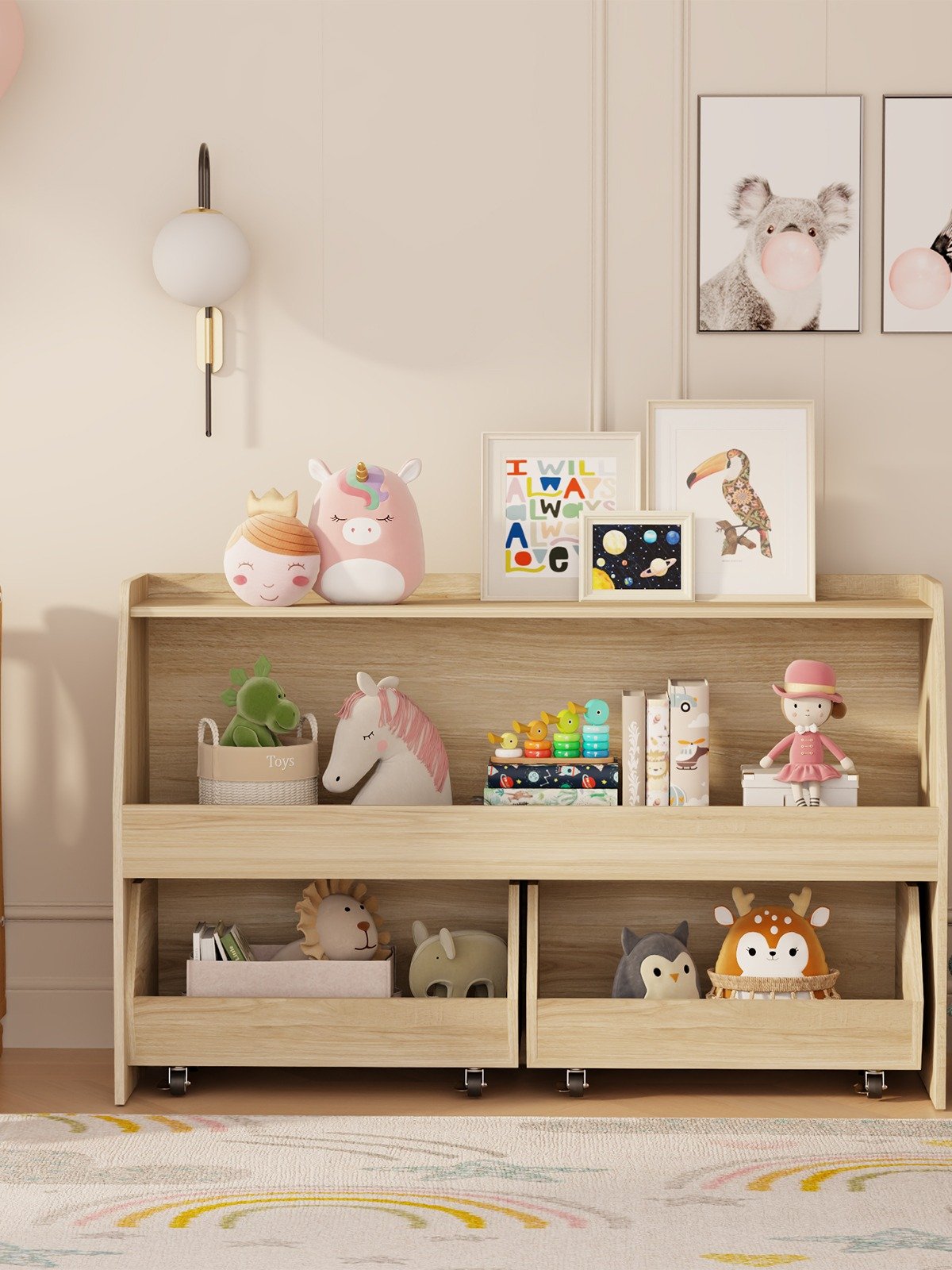 2-Tier Portable Toy Storage, Kids Toy Organizer W/2 Removable Bins with 4 Wheels（Wood) product image (8)