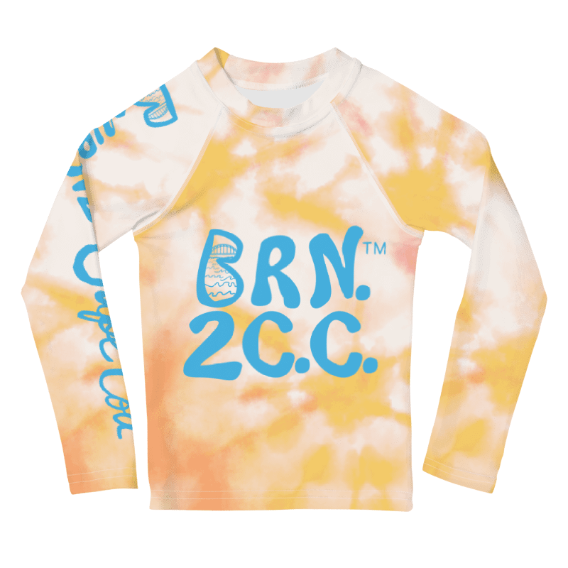 Boys' | Little KIDS | Rash Guard | BRN.2C.C.™ Front Print | BOURNE to Cape Cod™ Back & Sleeve Logo | Coastal UV Shirt for Active Kids | Slim Fit Swim Top | Blue Logo on Orange Tie-Dye product image (1)