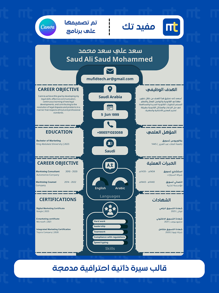 قالب سيرة ذاتية احترافية مدمجة ( باللغة العربية والانجليزية ) product image (1)