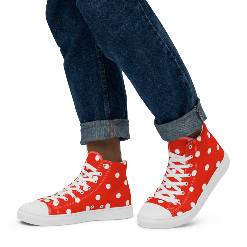 White Polka Dots on Red Men's High Top Canvas Shoes product image (7)