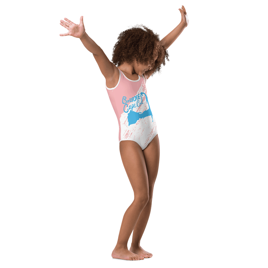 Girls' | One-Piece Swimsuit | BOURNE to Cape Cod™ | Front Logo | Coastal Kids Swimwear | Blue Logo on Pink & White Brushstroke product image (1)