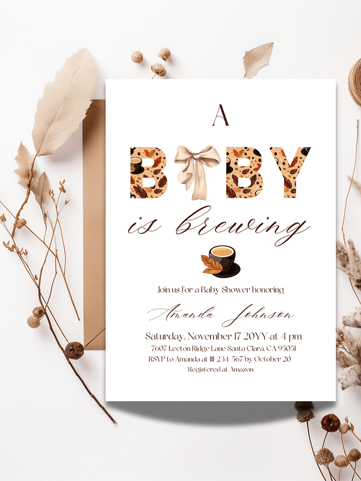 Coffee Baby Shower Invite, Rustic Gender Neutral Baby Shower Party, A Baby is Brewing Themed Brunch Invitation, Digital Download Template product image (1)