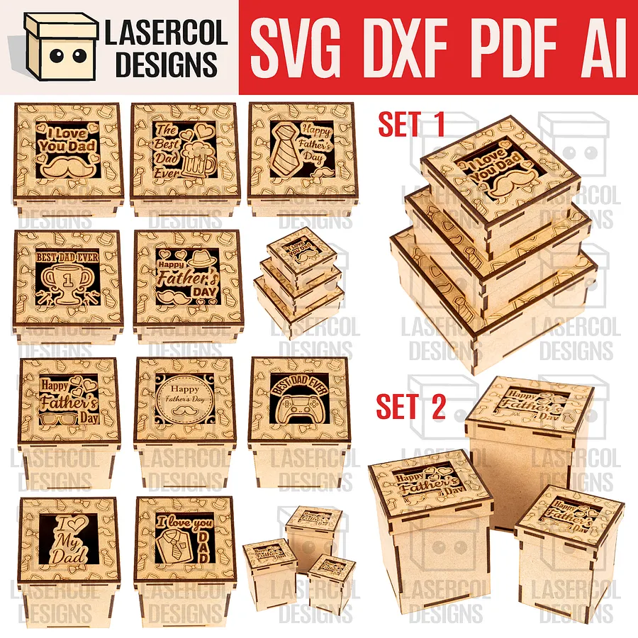 Father's Day Gift Boxes Bundle (10 Styles, Set 1-2) - Laser Cut Files product image (1)
