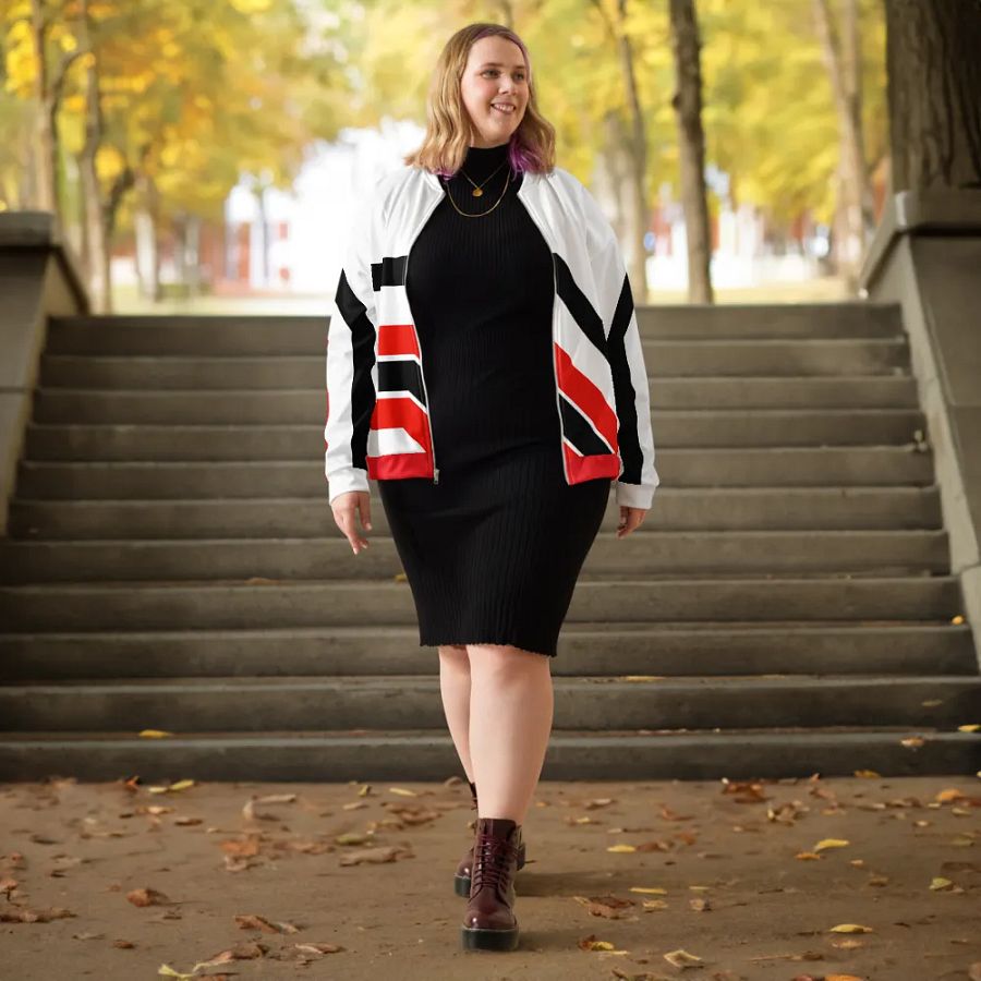 Red/Black/White Bent Lines Unisex Bomber Jacket product image (3)