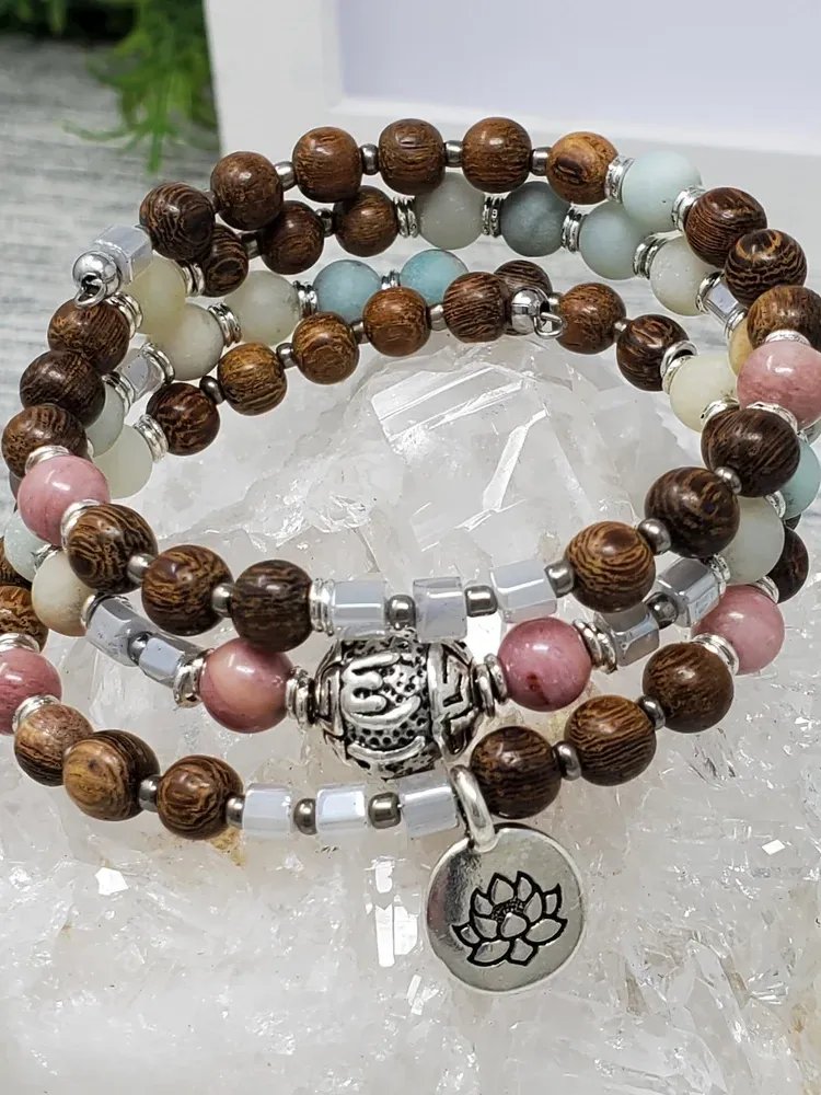 Om Mani Padme Hum Boho Wrap Bracelet – Triple Wrap Amazonite Rhodonite Roble Wood – Meditation Jewelry – Stress Relief Gift product image (2)