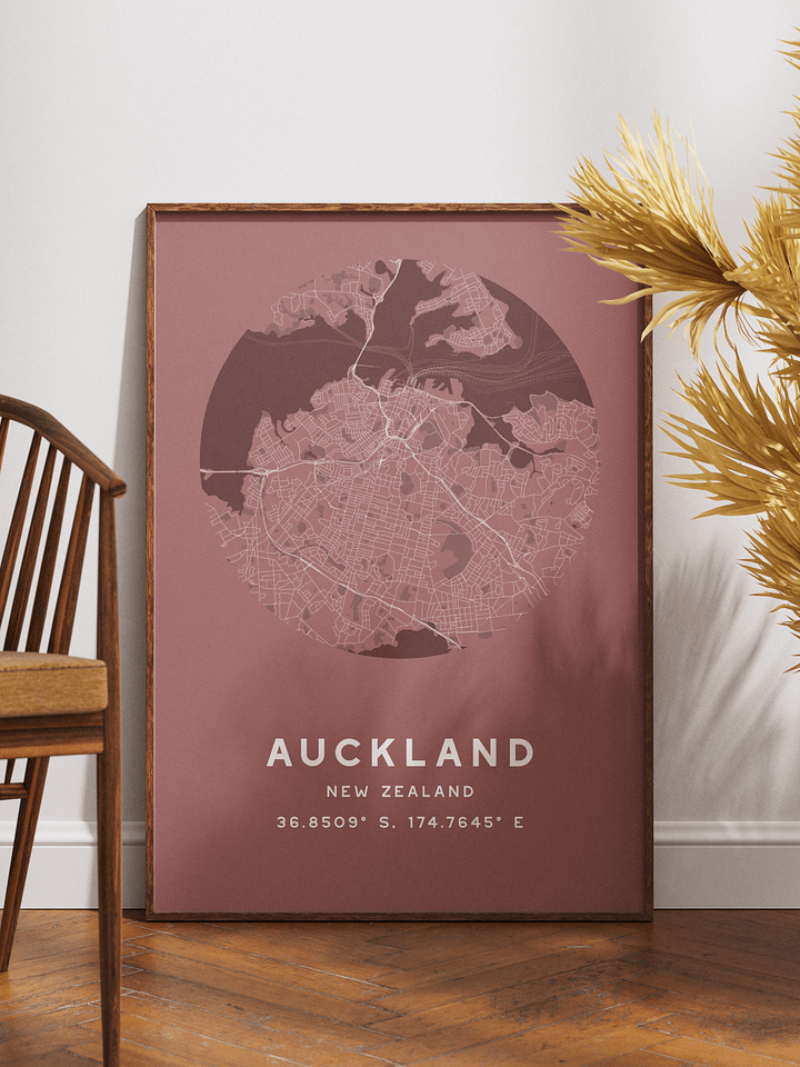 Auckland Street Map Poster – Red Minimalist Circular City Art product image (1)