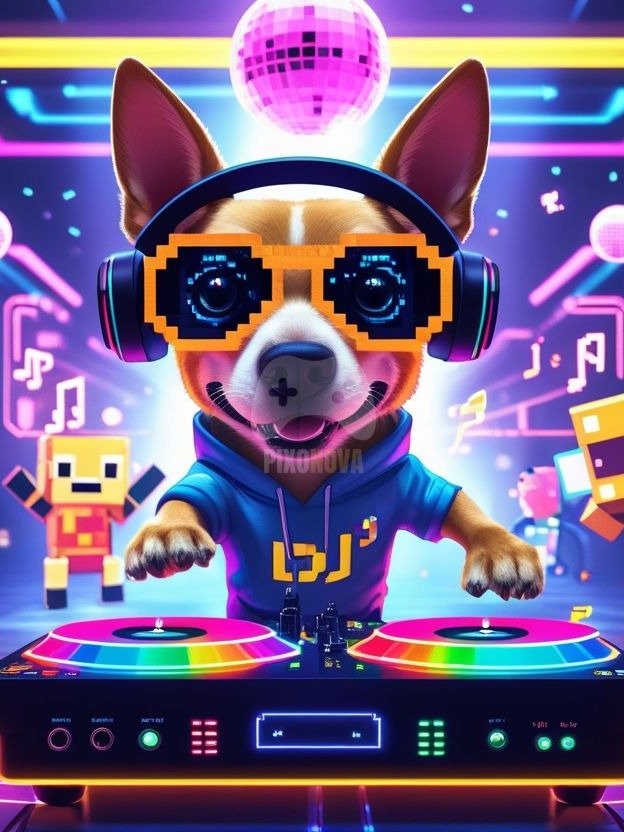 Pixel Party Parade – Track 7: Pixel Groove Machine (Dog Mascot Edition) | 1472x832 px | 4 Variations | PNG + PDF product image (1)