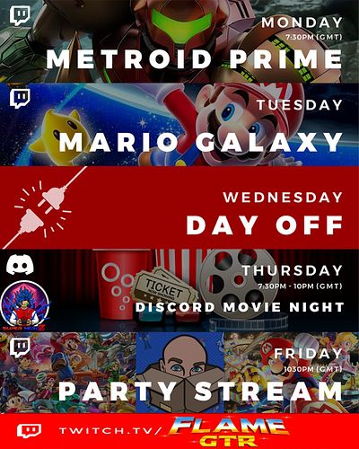 Hey everyone heres this weeks schedule, Stream party on Friday so id love to hang out with you all and play some community ga...