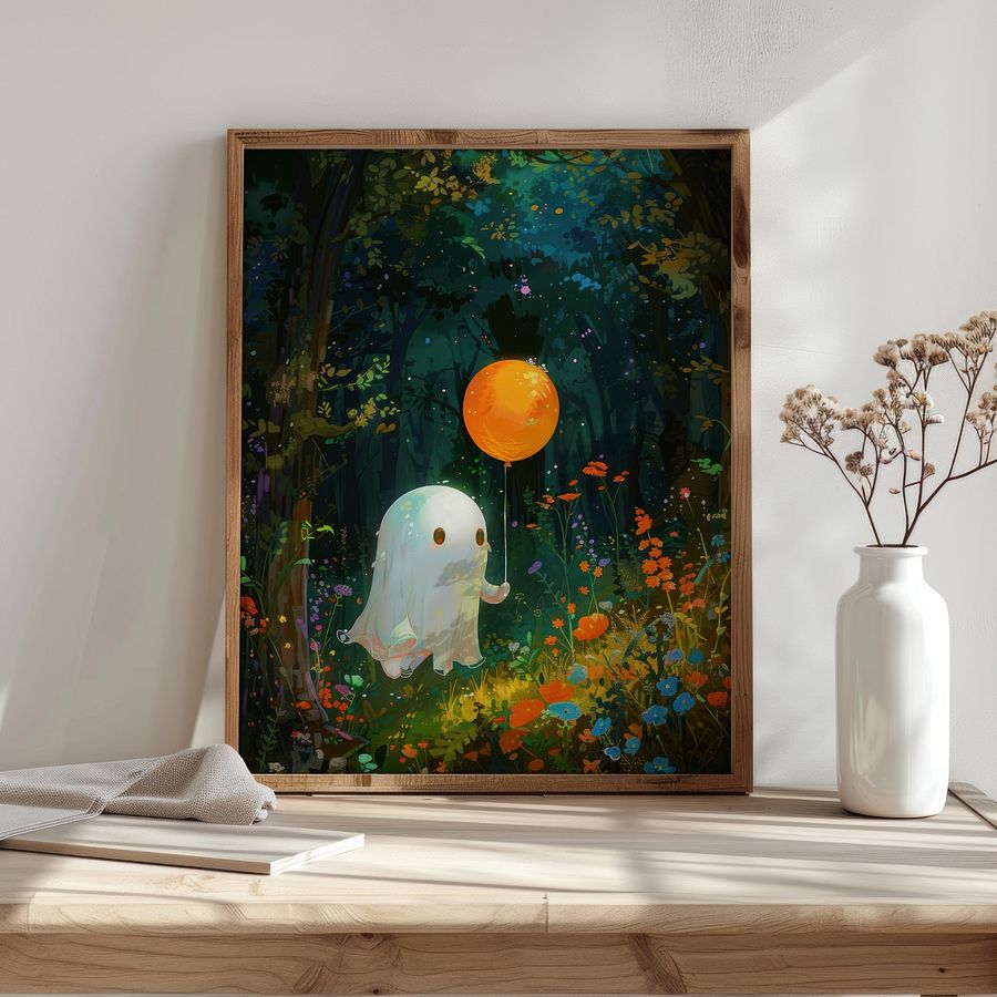 Cute Ghost with a Balloon Whimsical Halloween Art Print product image (9)