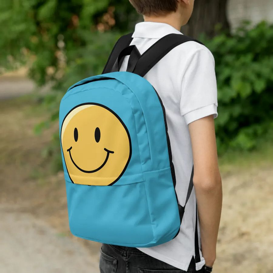 Blue backpack with a happy face product image (8)