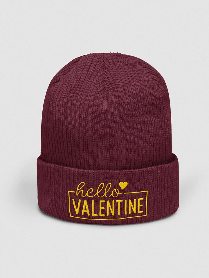 Hello Valentine Embroidered Organic Cotton Ribbed Beanie (Yellow Text) product image (1)