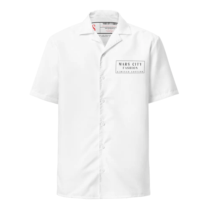 MARS CITY FASHION LIMITED ALL WHITE CUBAN CAMP COLLAR STYLE SHIRT WITH MARS CITY MOTORCYLE LOGO ON BACK product image (1)