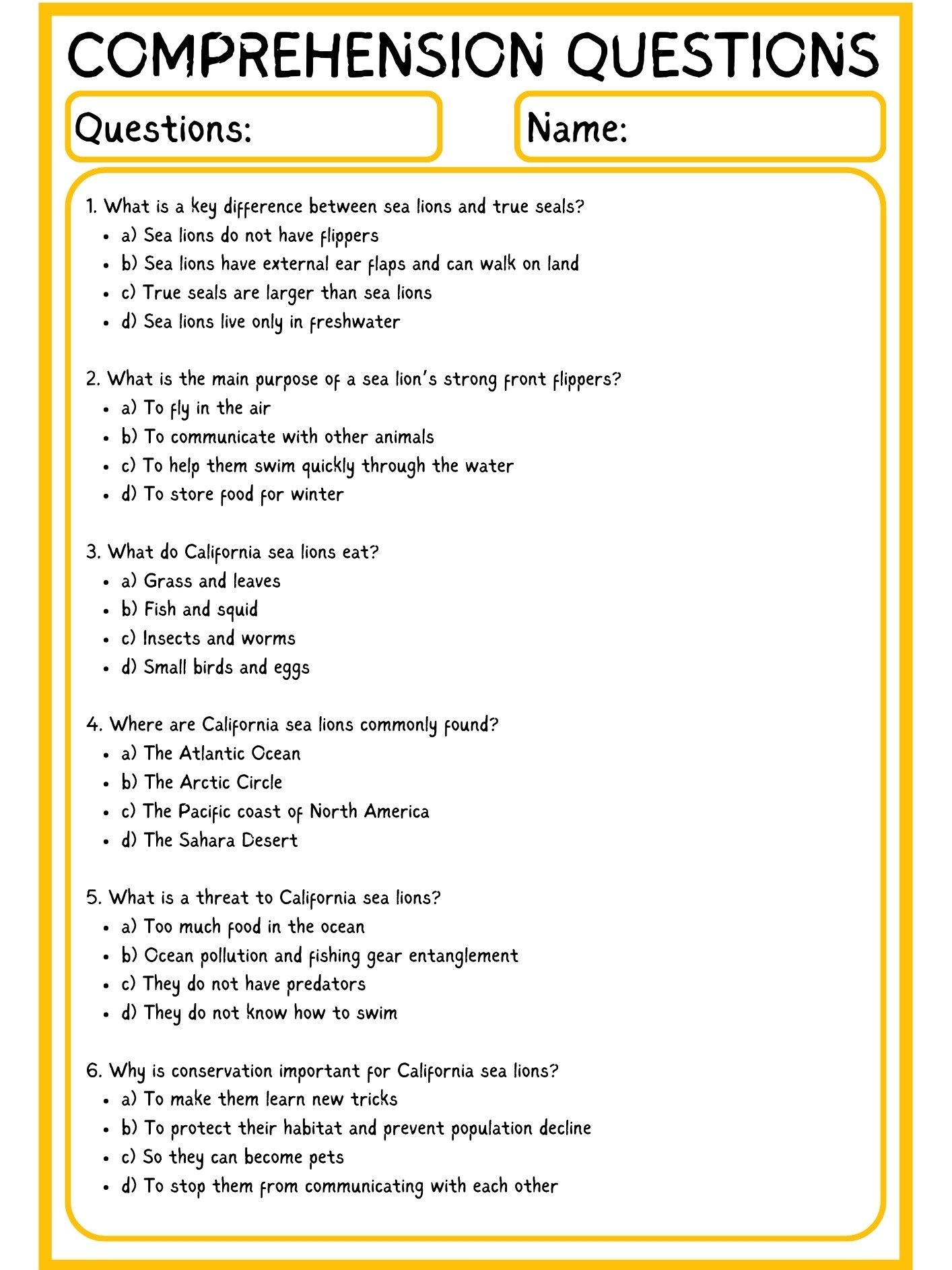 CALIFORNIA SEA LION READING COMPREHENSION PDF product image (3)