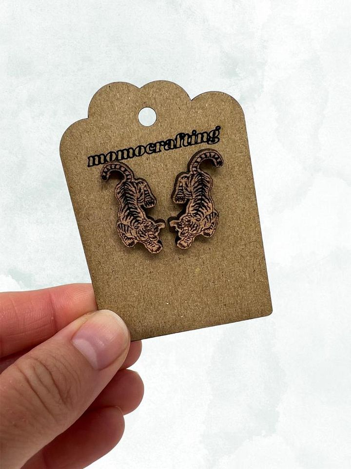 Engraved Tiger Stud Earrings (Recycled Wood) product image (1)