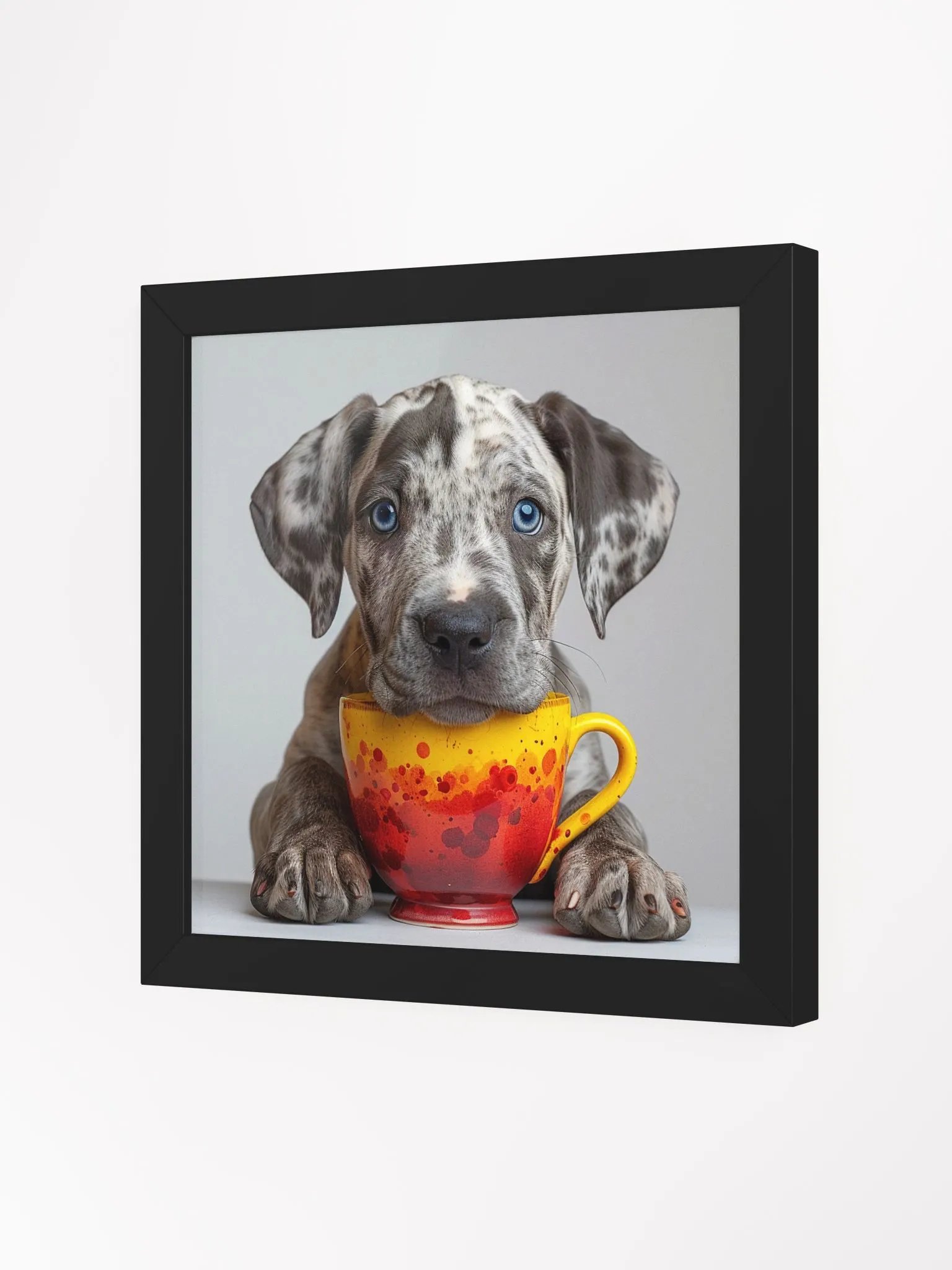 Cute Coffee Lover Blue Eyed Great Dane Puppy Framed Wall Art product image (4)