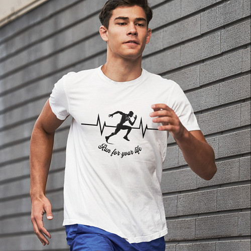 Gear up for your next run with our 'Run for Your Life' Fitness Tee! This Gildan 5000 t-shirt features a dynamic silhouette of...