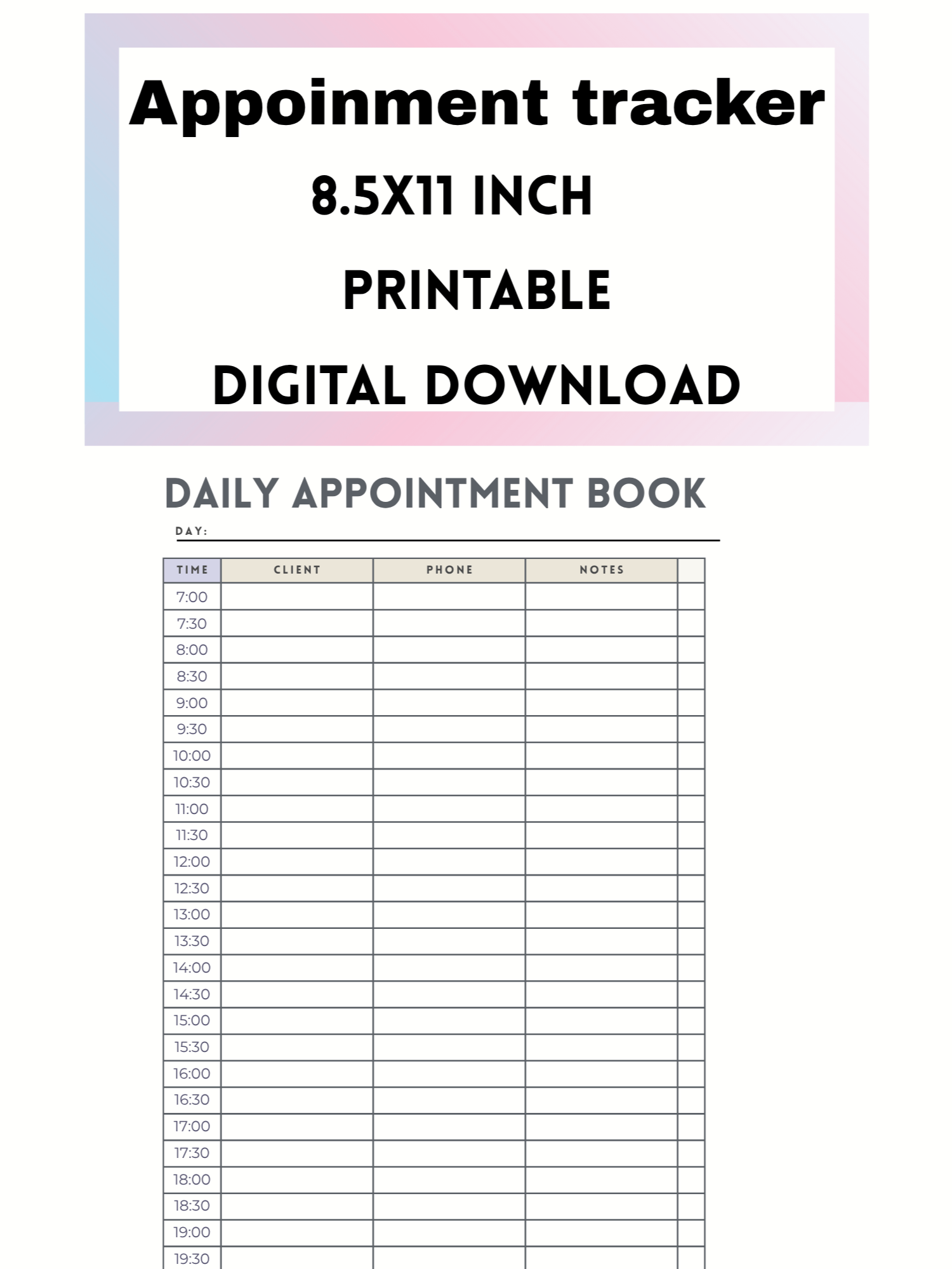 Daily Appointment Planner Printable Hourly Schedule To Do List Undated Digital Download PDF product image (1)