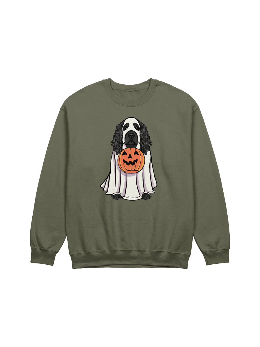 Funny Halloween Cocker Spaniel(Black) Sweatshirt | Funny Cocker Spaniel Wearing a Ghost Costume and Holding a Pumpkin Basket product image (13)