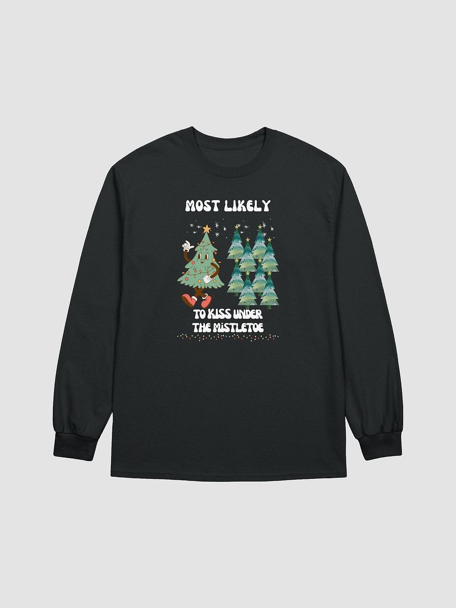 Festive Most Likely to Kiss Under the Mistletoe Merry Retro Christmas Tree Long Sleeve Tee product image (1)