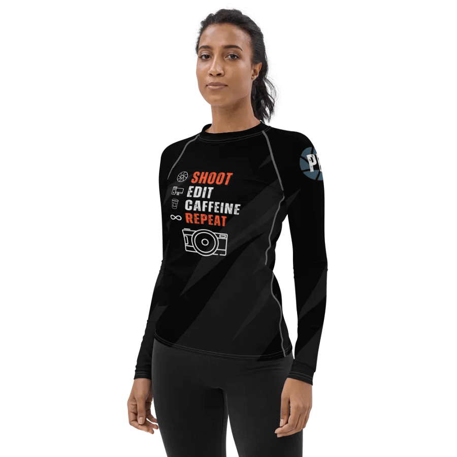 Shoot Edit Caffeine Repeat Ladies Rash Guard Tee product image (3)