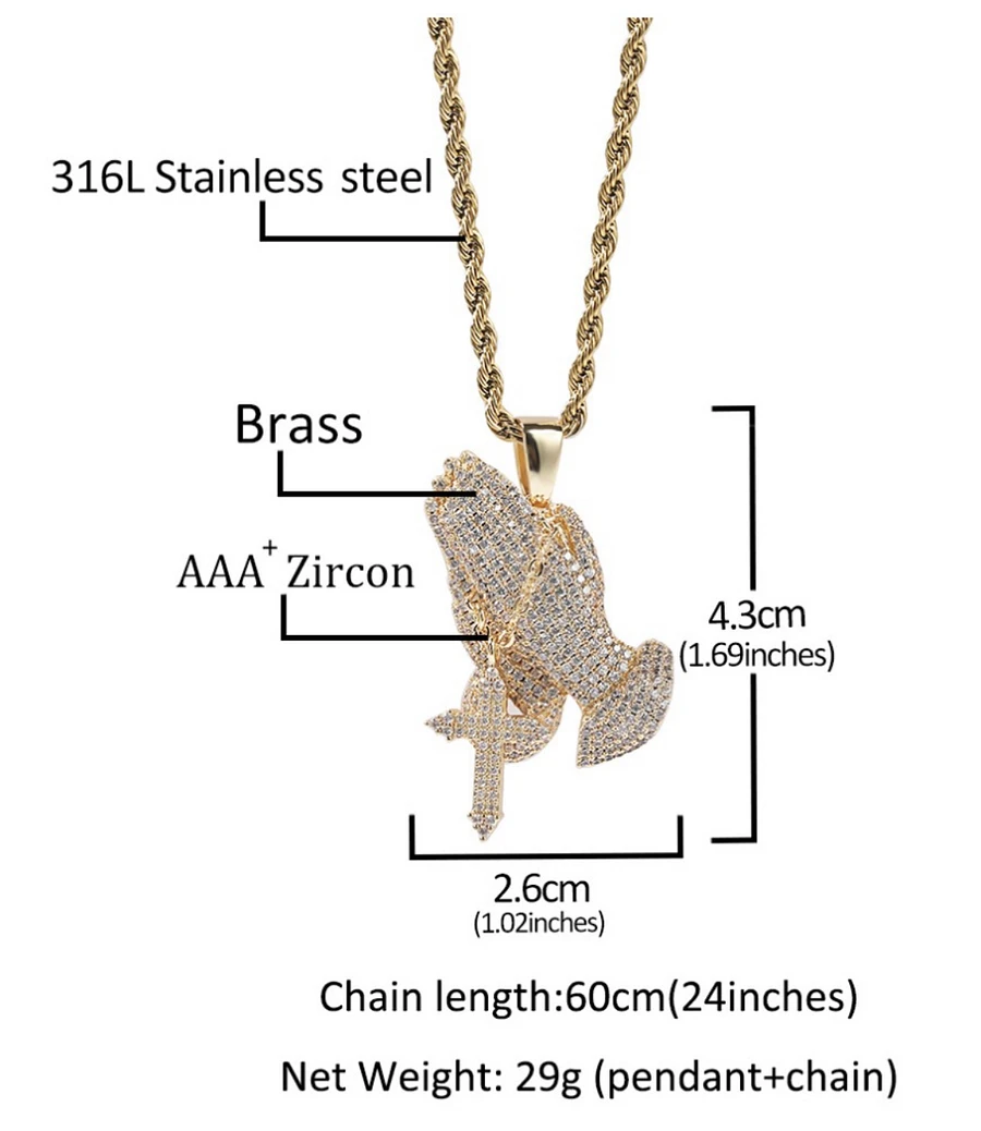 FASHION ICED SILVER RHINESTONE PRAYER HANDS CHARM NECKLACE product image (3)