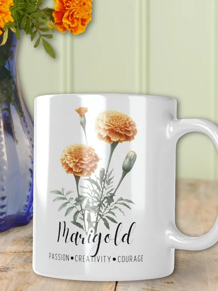 Marigold Ceramic White Mug: Passion, Creativity, Courage October Birth Month Flower product image (1)