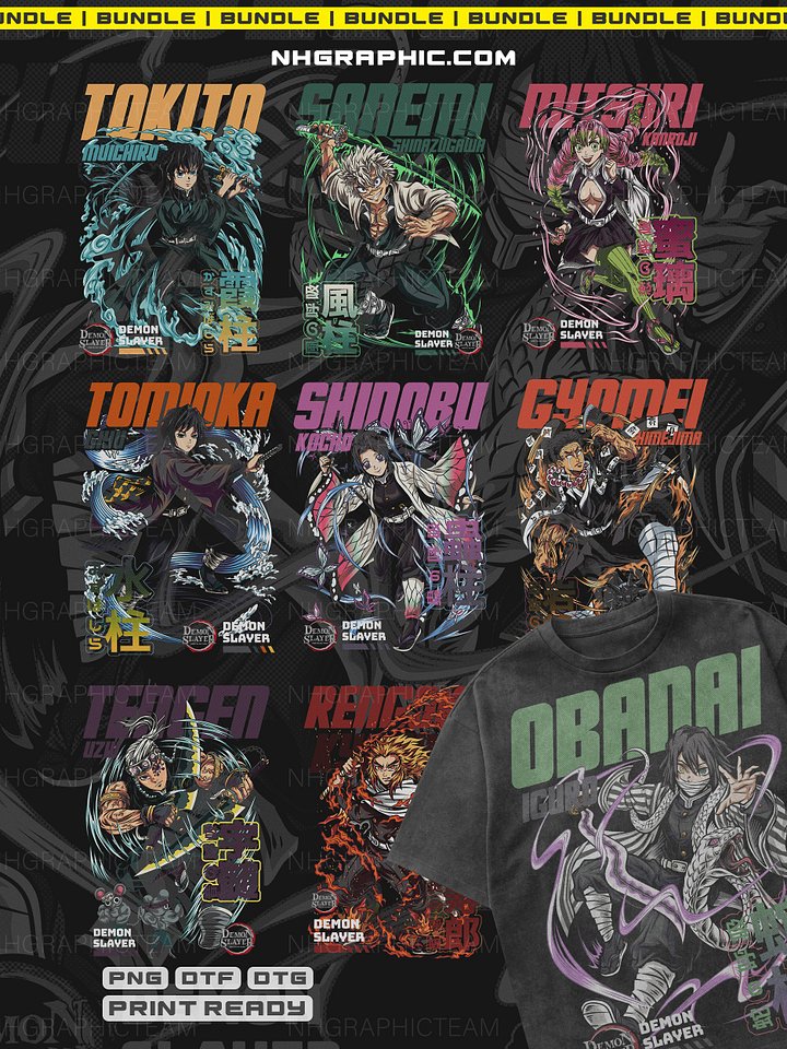Demon Slayer Hashira T-Shirt Design Bundle | Kimetsu no Yaiba Anime PNGs | Halftone Style | DTF & DTG Print on Demand product image (1)