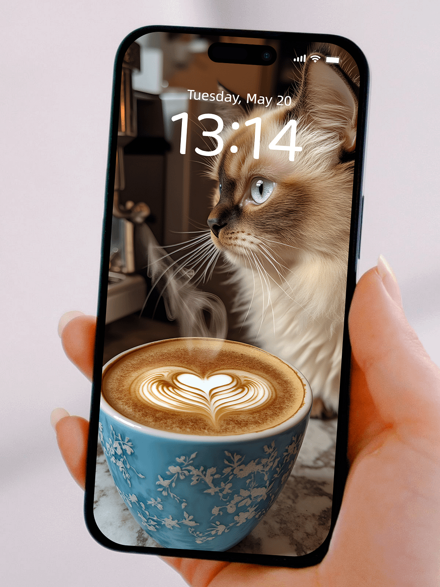Luxury Café Style: Healing Cat and Coffee Latte Art Phone Wallpaper Set, 4K HD, Bring Warmth and Elegance to Your Phone Screen product image (3)