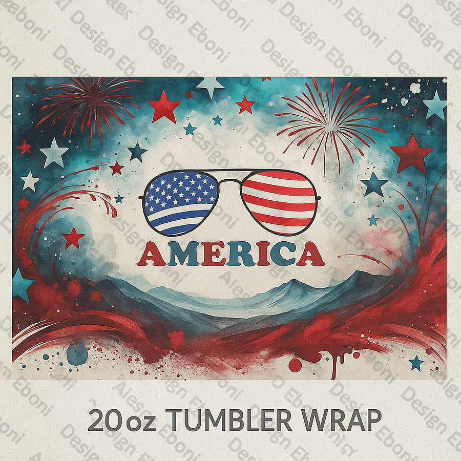 Patriotic 4th of July Tumbler Wrap | America Sunglasses Sublimation PNG | Red White Blue Fireworks 20oz Skinny Tumbler Design product image (1)