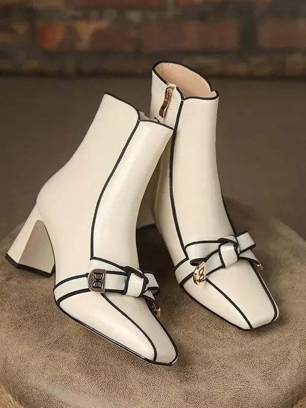 Autumn Winter High Heels Pumps Sweet Bow Real Leather Ankle Boots Chunky Heel product image (5)