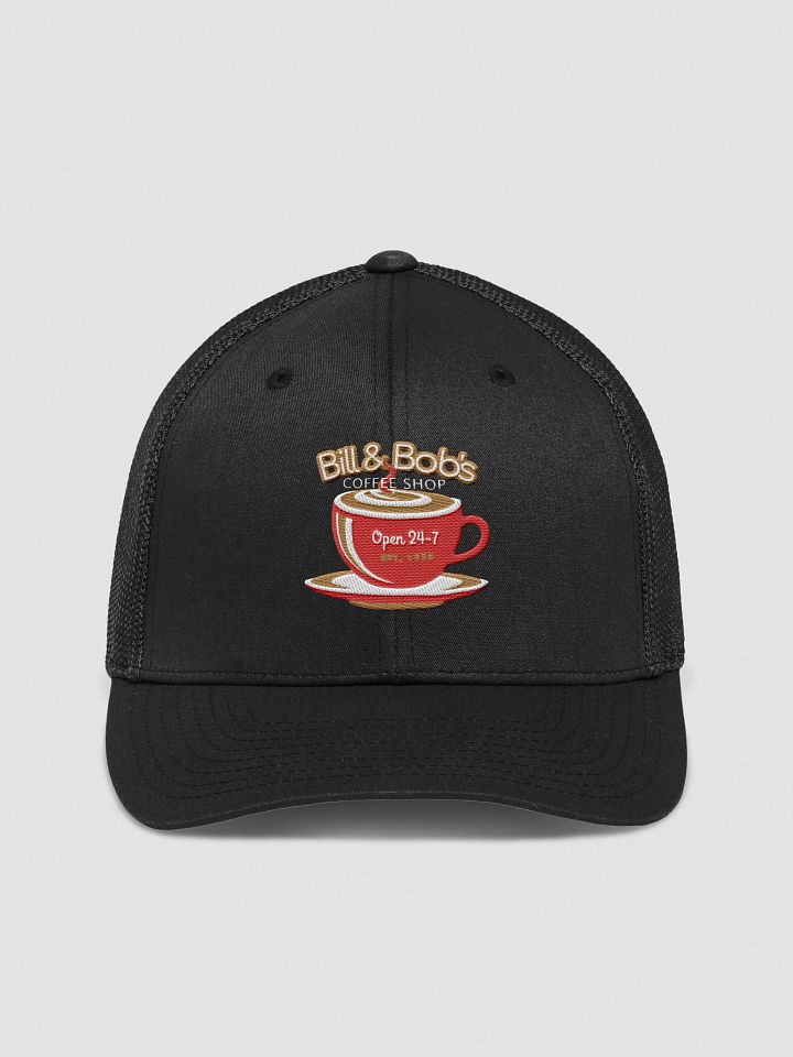 Bill & Bob's Coffee Shop Open 24/7 Trucker Hat, Red Color Accent product image (1)