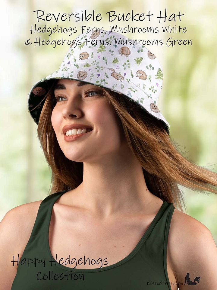 Hedgehogs Reversible Bucket Hat with Hedgehogs on White and Dark Green product image (1)
