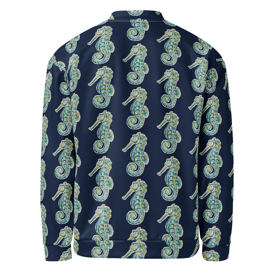 All-Over Print Bomber Jacket | Coastal Cool, City Bold | Monique Faella Designs™ Style | Deep Sky Blue Logos on Painted Seahorses Pattern product image (2)