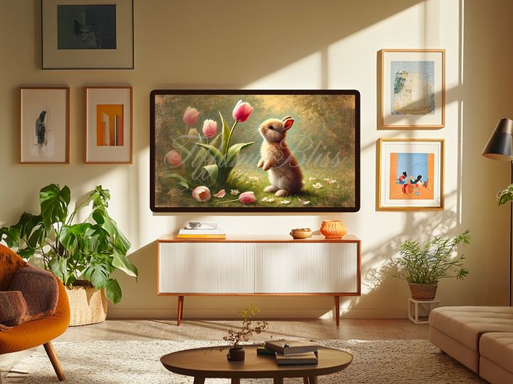 Spring Samsung Frame TV Art, Easter Bunny Tulips Painting, Art for TV, Digital Download product image (2)