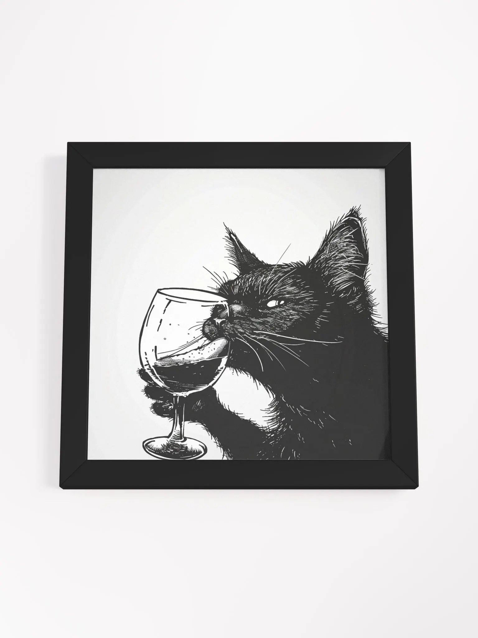 Black and White Drawing of Cat Drinking Wine Wall Art product image (37)
