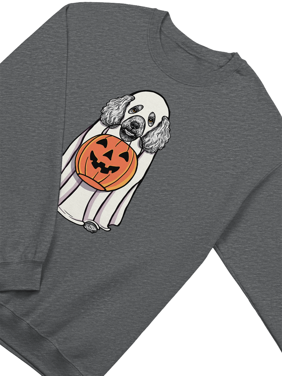 Funny Halloween Mini Poodle(Gray) Sweatshirt | Funny Poodle Wearing a Ghost Costume and Holding a Pumpkin Basket product image (8)