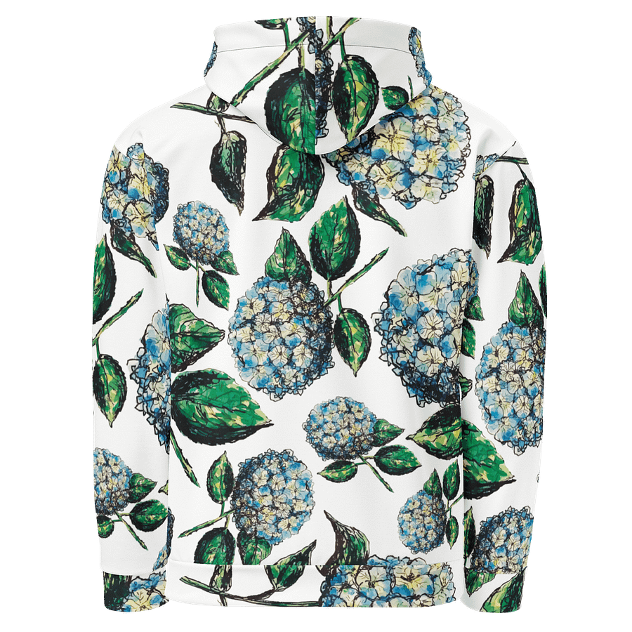 🌸 Coastal Bloom | Hydrangeas Repeat Pattern Hoodie | Monique Faella Designs™ | Unisex Floral Sweatshirt | Artful Botanical Fashion product image (3)