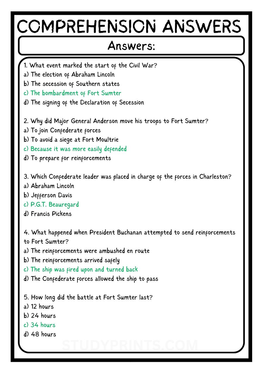 Fort Sumter Reading COMPREHENSION WORKSHEET WITH 5 QUESTIONS PDF product image (4)