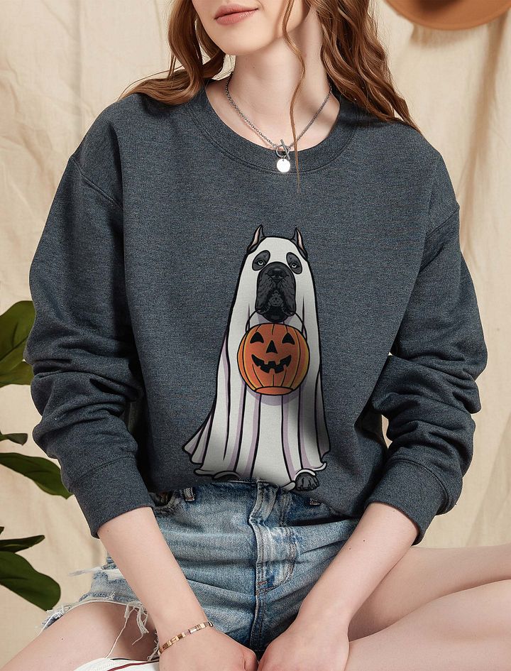 Funny Halloween Cane Corso(Blue) Sweatshirt | Funny Cane Corso Wearing a Ghost Costume and Holding a Pumpkin Basket product image (5)