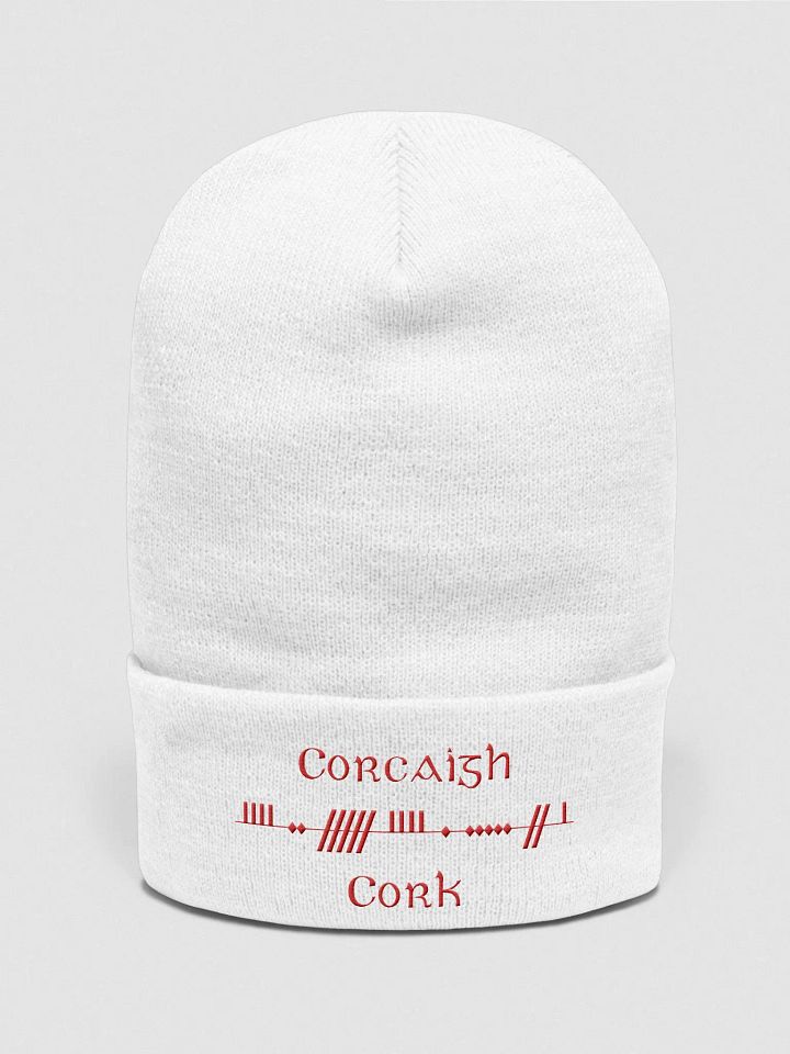 Cork/Corcaigh, Scholastic style Ogham, white with red, embroidered Cuffed Beanie product image (1)