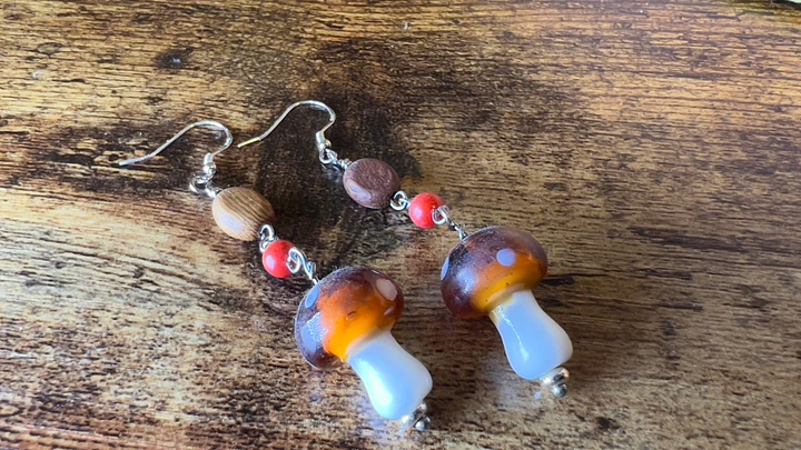 Earrings - Wood Beads and Glass Mushroom Beads - Hand-made by JB product image (1)