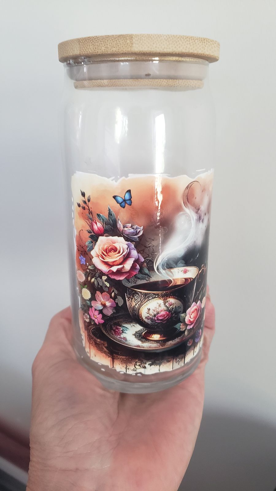 Enchanted Tea Time: Vintage Floral Glass Jar with Bamboo Lid product image (2)