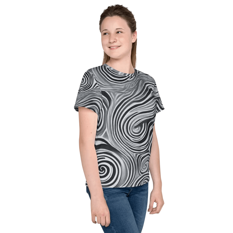 Funky Black and White Noir Liquid Tie-Dye Youth Crew Neck Tee product image (8)