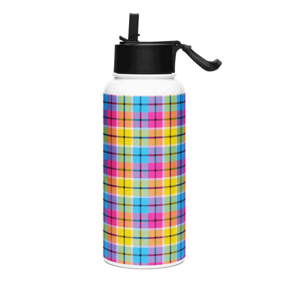 Hot Pink, Turquoise, and Yellow Plaid Water Bottle product image (2)