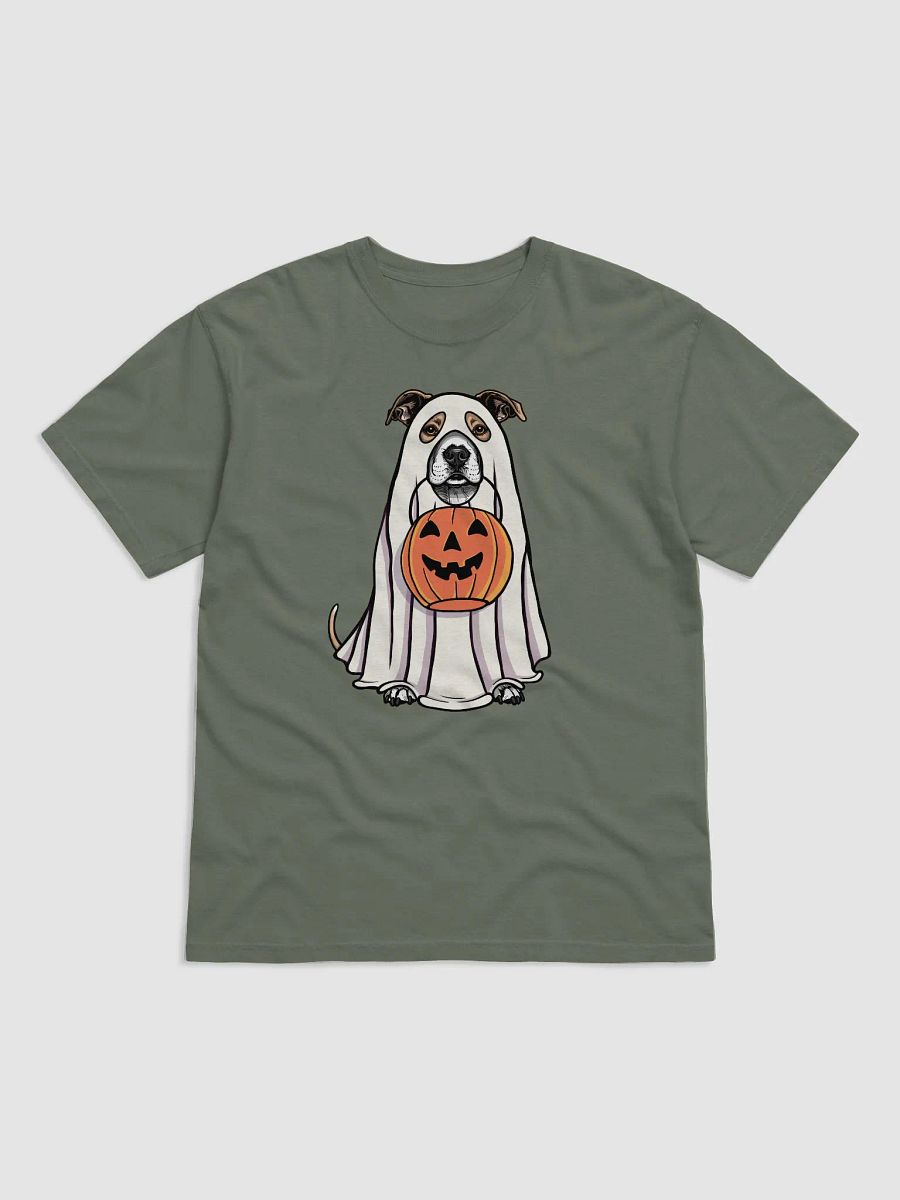 Funny Halloween Staffordshire Terrier(Fawn) T-Shirt | Funny Staffy Wearing a Ghost Costume and Holding a Pumpkin Basket product image (12)
