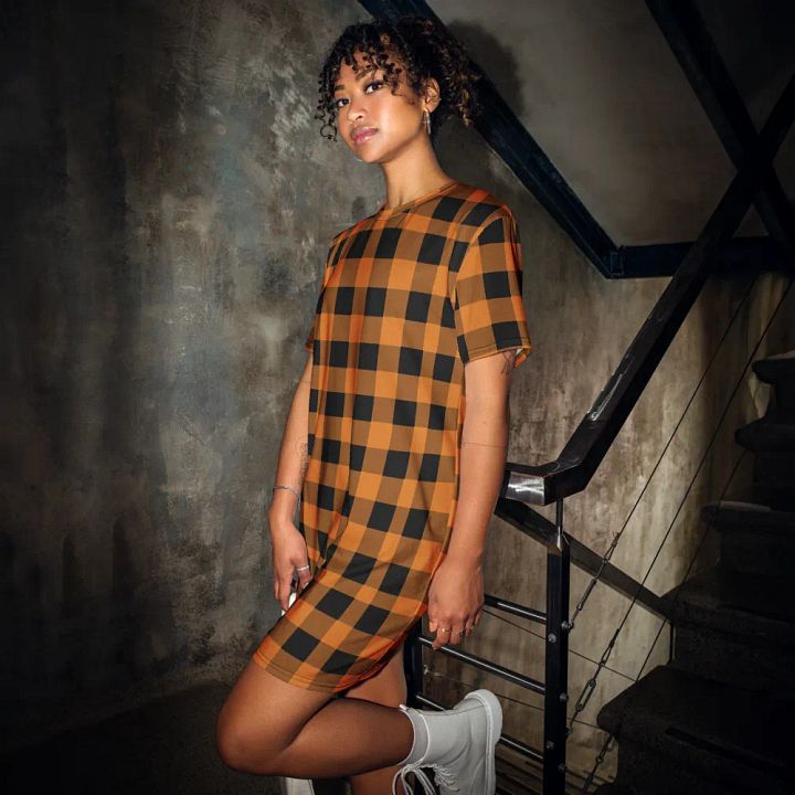 T-SHIRT DRESS VINTAGE CHECKERED ORANGE BLACK product image (1)