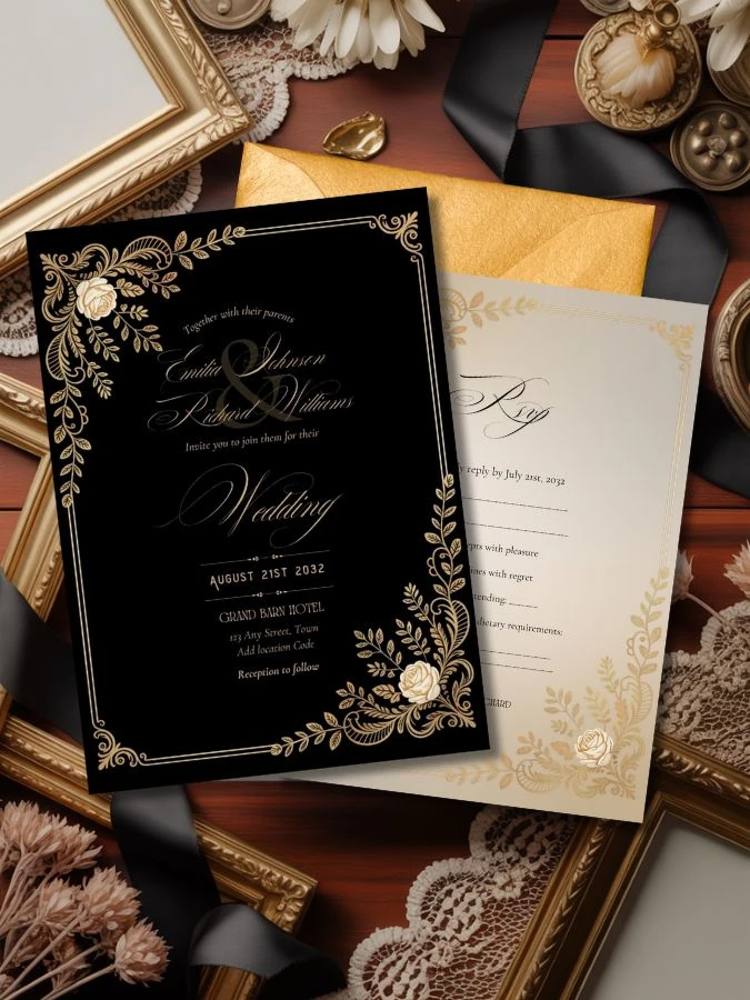 editable vintage black gold wedding invitation and rsvp - template canva